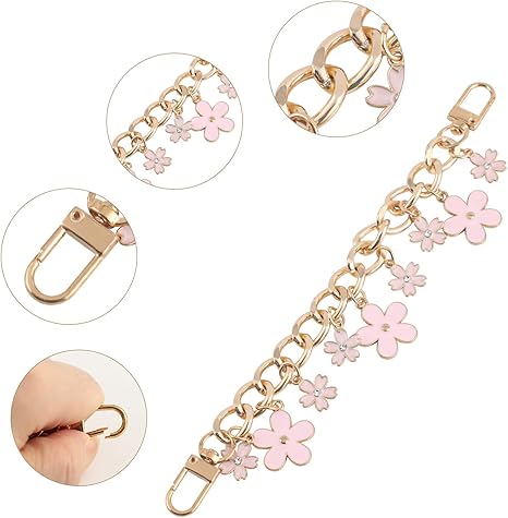 Pink Flower Purse Chain Strap | Gold Metal Short Bag Handle with Enamel Charms | 7.8" Detachable Chain for DIY or Replacement