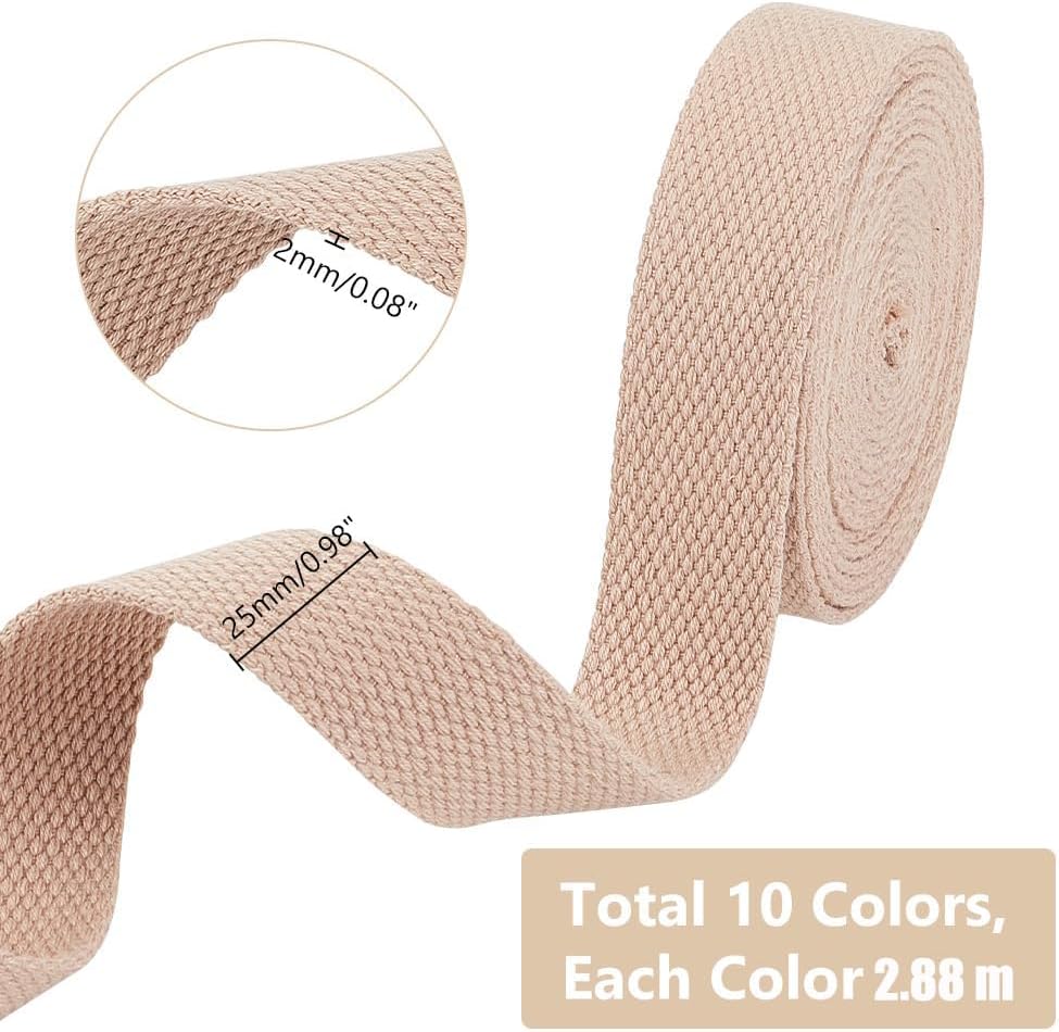 10-Color Cotton Webbing Ribbon Set – 25mm Wide, 2mm Thick, 2.88m Each Color, Total 28.8m