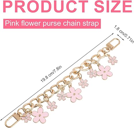 Pink Flower Purse Chain Strap | Gold Metal Short Bag Handle with Enamel Charms | 7.8" Detachable Chain for DIY or Replacement
