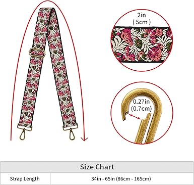 Boho Vintage Embroidered Wide Bag Strap | Adjustable Crossbody Replacement Strap with Gold Hooks | 2" Width, 34–65 Inches Length