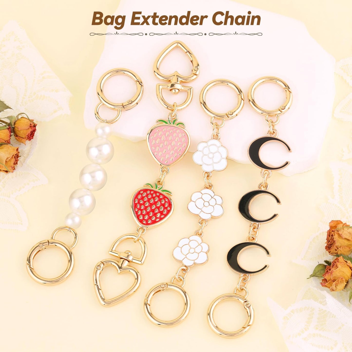 Cute Metal Charm Chain Clips | Heart, Flower, Moon & Pearl Styles | Bag Accessory / Keychain Decoration | 13–16.5cm Long with 2.5cm Clasps