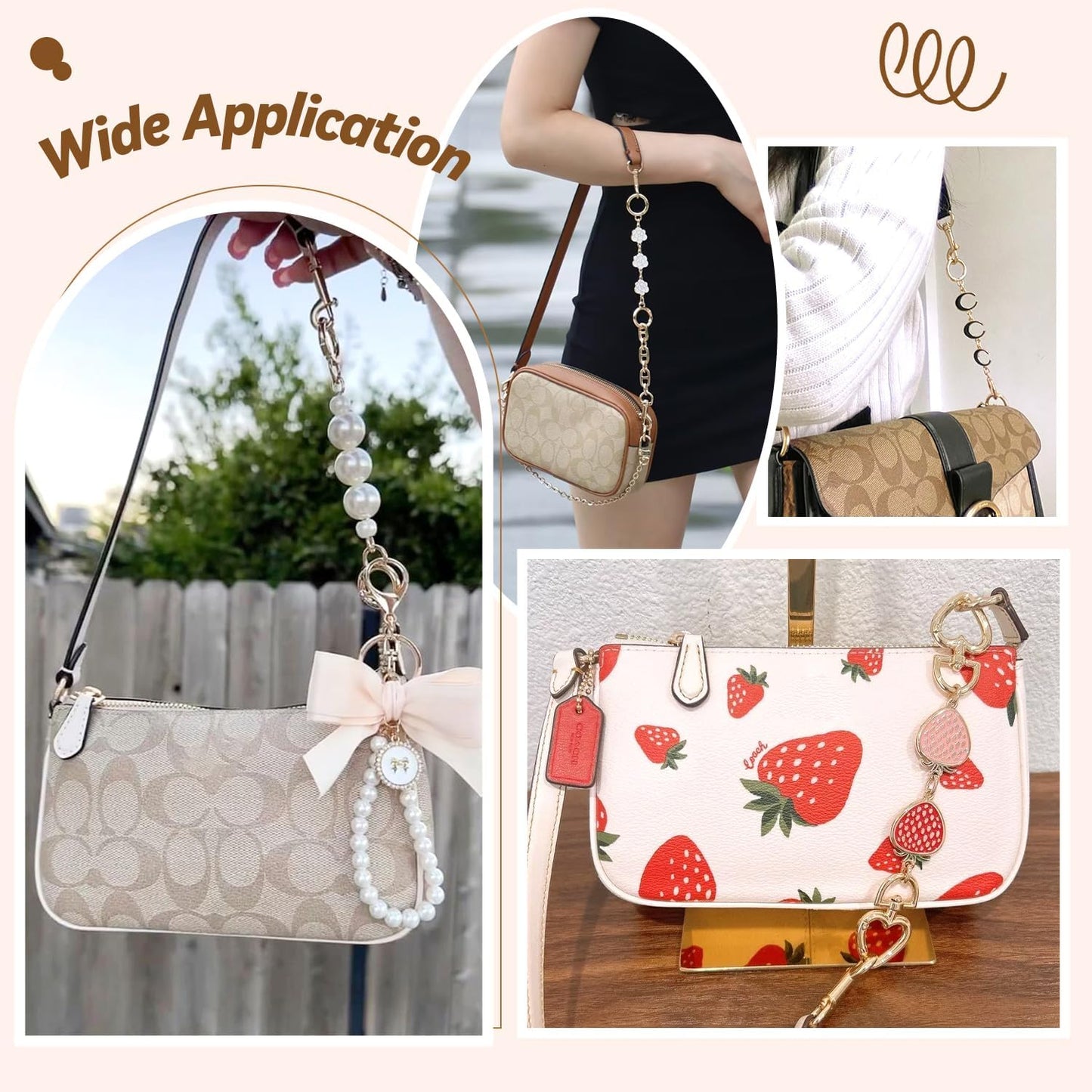 Cute Metal Charm Chain Clips | Heart, Flower, Moon & Pearl Styles | Bag Accessory / Keychain Decoration | 13–16.5cm Long with 2.5cm Clasps
