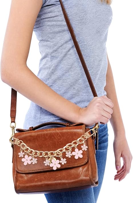 Pink Flower Purse Chain Strap | Gold Metal Short Bag Handle with Enamel Charms | 7.8" Detachable Chain for DIY or Replacement