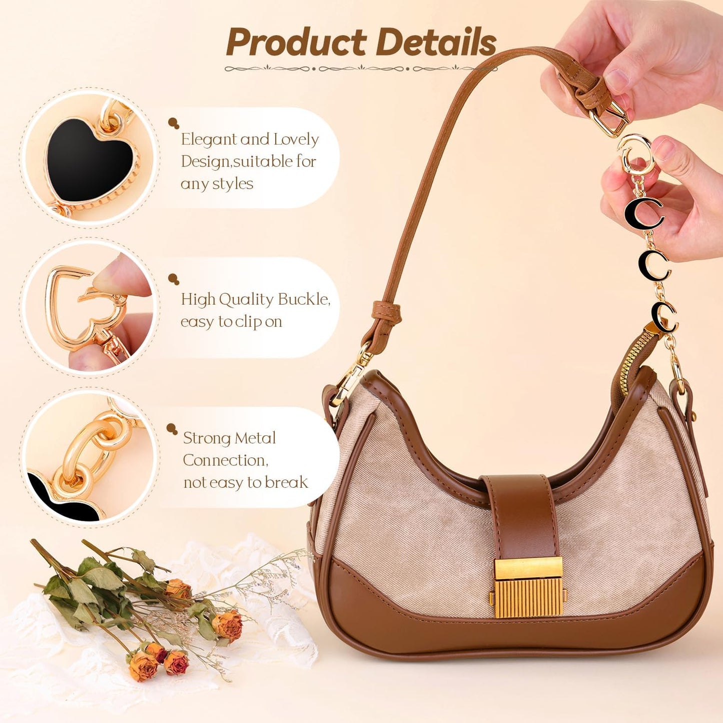 Cute Metal Charm Chain Clips | Heart, Flower, Moon & Pearl Styles | Bag Accessory / Keychain Decoration | 13–16.5cm Long with 2.5cm Clasps
