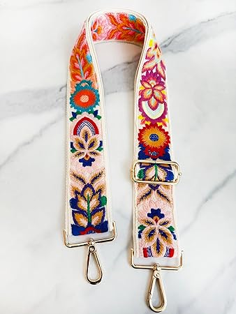 Boho Embroidered Bag Strap – Adjustable Wide Replacement Shoulder Strap with Metal Hooks (Length: 31–56 inches)