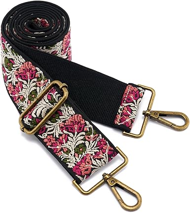 Boho Vintage Embroidered Wide Bag Strap | Adjustable Crossbody Replacement Strap with Gold Hooks | 2" Width, 34–65 Inches Length