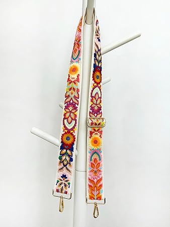 Boho Embroidered Bag Strap – Adjustable Wide Replacement Shoulder Strap with Metal Hooks (Length: 31–56 inches)