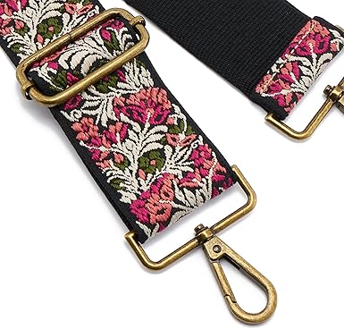 Boho Vintage Embroidered Wide Bag Strap | Adjustable Crossbody Replacement Strap with Gold Hooks | 2" Width, 34–65 Inches Length