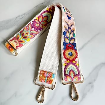 Boho Embroidered Bag Strap – Adjustable Wide Replacement Shoulder Strap with Metal Hooks (Length: 31–56 inches)