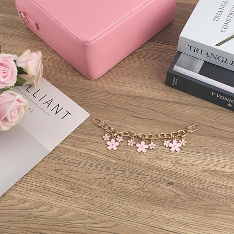 Pink Flower Purse Chain Strap | Gold Metal Short Bag Handle with Enamel Charms | 7.8" Detachable Chain for DIY or Replacement