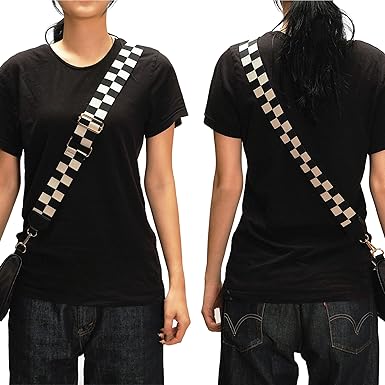Checkered Wide Adjustable Bag Strap | Vegan Leather Trim Shoulder Strap | 2-Inch Nylon Replacement Strap with Gold Metal Hooks