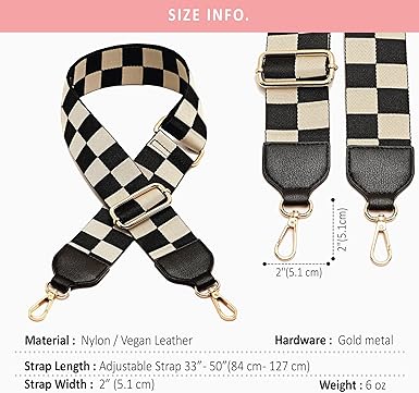 Checkered Wide Adjustable Bag Strap | Vegan Leather Trim Shoulder Strap | 2-Inch Nylon Replacement Strap with Gold Metal Hooks