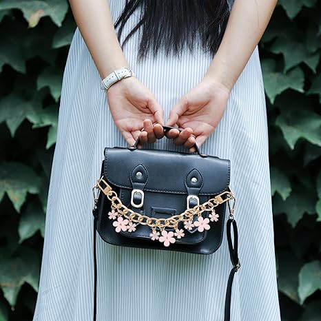 Pink Flower Purse Chain Strap | Gold Metal Short Bag Handle with Enamel Charms | 7.8" Detachable Chain for DIY or Replacement