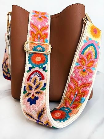 Boho Embroidered Bag Strap – Adjustable Wide Replacement Shoulder Strap with Metal Hooks (Length: 31–56 inches)