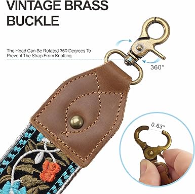 Vintage Brass Hook Embroidered Bag Strap | 360° Swivel Clasp Adjustable Wide Shoulder Replacement Strap