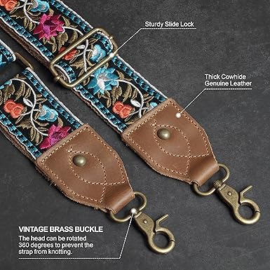 Vintage Brass Hook Embroidered Bag Strap | 360° Swivel Clasp Adjustable Wide Shoulder Replacement Strap