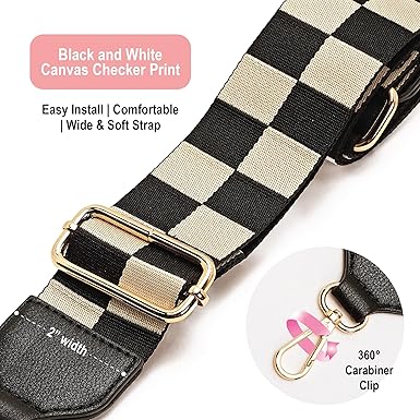 Checkered Wide Adjustable Bag Strap | Vegan Leather Trim Shoulder Strap | 2-Inch Nylon Replacement Strap with Gold Metal Hooks