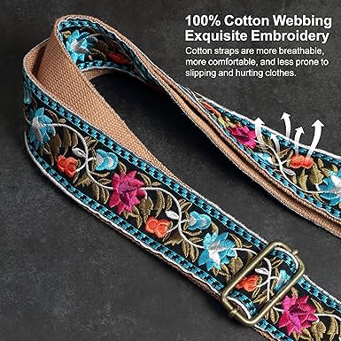 Vintage Brass Hook Embroidered Bag Strap | 360° Swivel Clasp Adjustable Wide Shoulder Replacement Strap