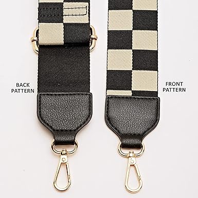 Checkered Wide Adjustable Bag Strap | Vegan Leather Trim Shoulder Strap | 2-Inch Nylon Replacement Strap with Gold Metal Hooks