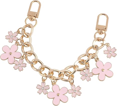 Pink Flower Purse Chain Strap | Gold Metal Short Bag Handle with Enamel Charms | 7.8" Detachable Chain for DIY or Replacement