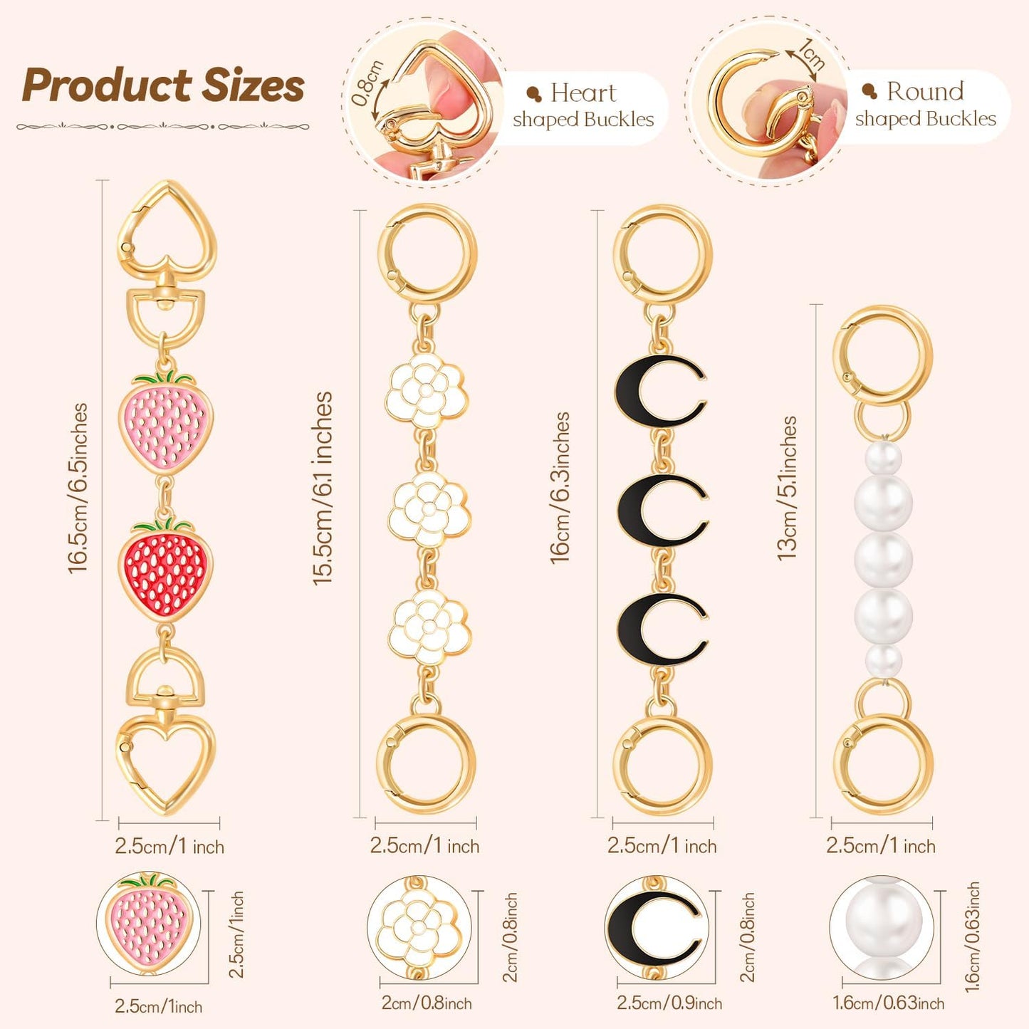 Cute Metal Charm Chain Clips | Heart, Flower, Moon & Pearl Styles | Bag Accessory / Keychain Decoration | 13–16.5cm Long with 2.5cm Clasps