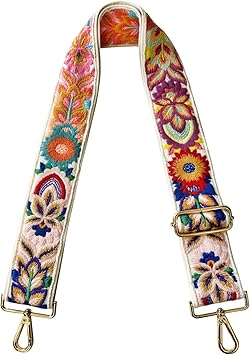 Boho Embroidered Bag Strap – Adjustable Wide Replacement Shoulder Strap with Metal Hooks (Length: 31–56 inches)