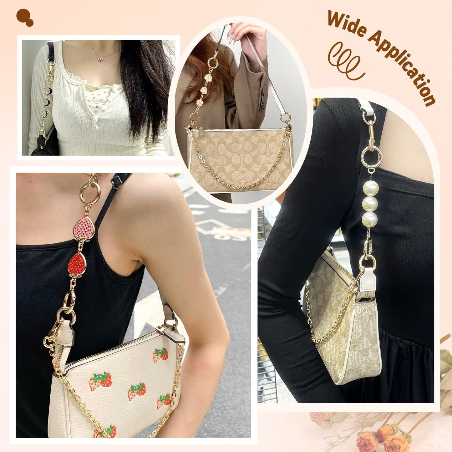 Cute Metal Charm Chain Clips | Heart, Flower, Moon & Pearl Styles | Bag Accessory / Keychain Decoration | 13–16.5cm Long with 2.5cm Clasps