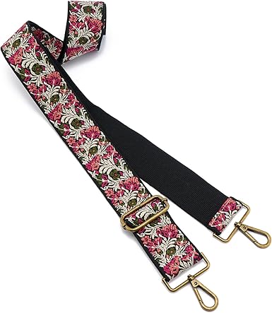 Boho Vintage Embroidered Wide Bag Strap | Adjustable Crossbody Replacement Strap with Gold Hooks | 2" Width, 34–65 Inches Length