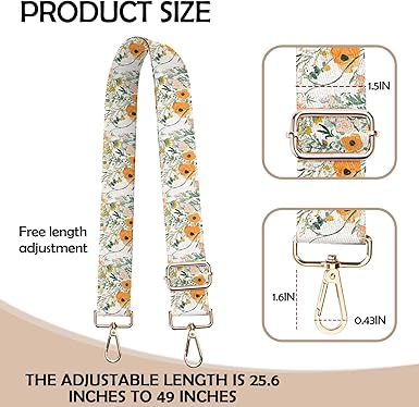 Adjustable Printed Bag Strap | Floral Pattern with Gold Buckles | 1.5" Wide Crossbody Replacement Strap | Length 25.6–49 inches