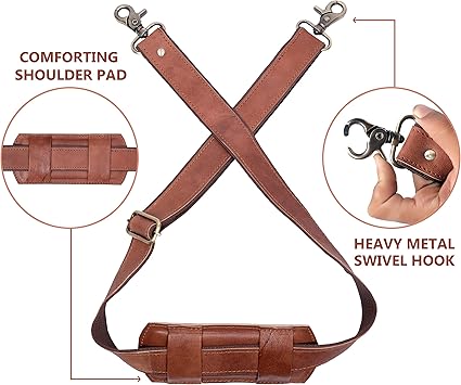 Adjustable PU Leather Shoulder Strap with Padded Cushion | Vintage Style Bag Strap with Heavy Metal Swivel Hooks