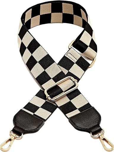 Checkered Wide Adjustable Bag Strap | Vegan Leather Trim Shoulder Strap | 2-Inch Nylon Replacement Strap with Gold Metal Hooks