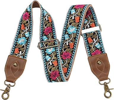 Vintage Brass Hook Embroidered Bag Strap | 360° Swivel Clasp Adjustable Wide Shoulder Replacement Strap
